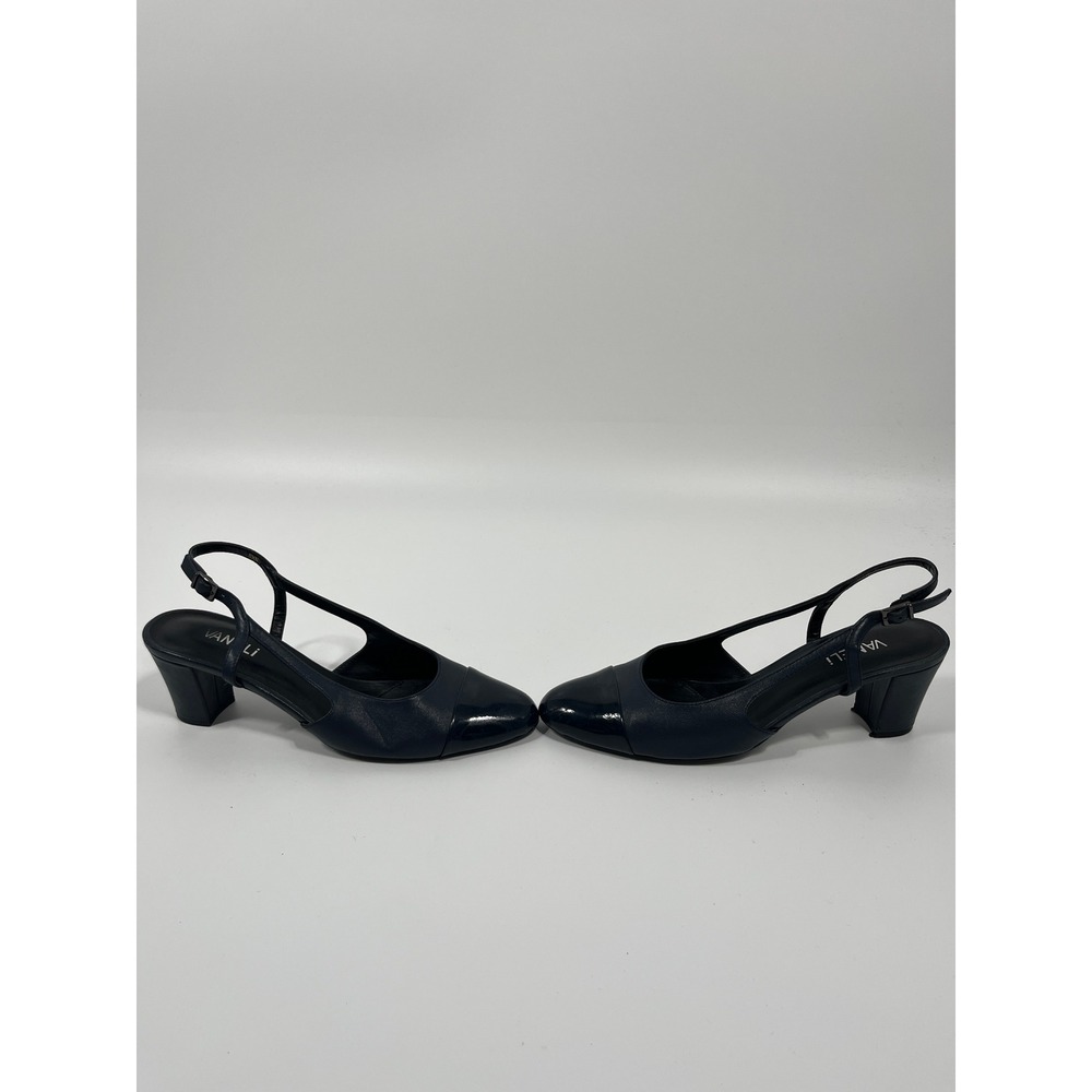 Women Faux Leather Slingback Heels 8.5 Blue Round Toe Chic Minimalist Capsule - Picture 4 of 10
